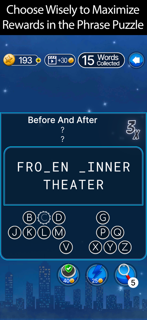 Hidden Word Find - Um desafio de quebra-cabeça de frases no aplicativo Hidden Word Find com tema de cidade noturna.
