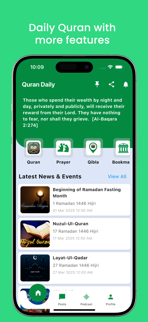 Quran App - English - Tela inicial do App Alcorão em Inglês exibindo um versículo diário com navegação para horários de oração e localizador de qibla