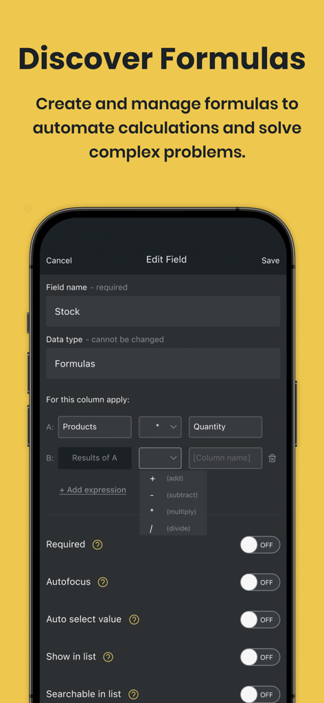 Barcode Scanner - Orca Scan - Orca Scan app interface for creating automated formulas and calculations