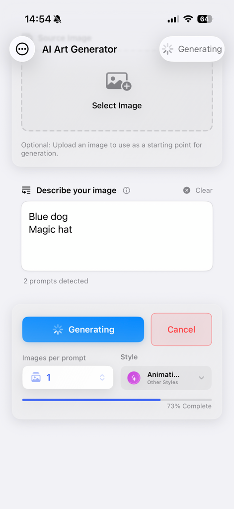 Image Play Studio - A screenshot of the Image Play Studio app interface showing an AI art generation in progress for a blue dog with a magic hat.