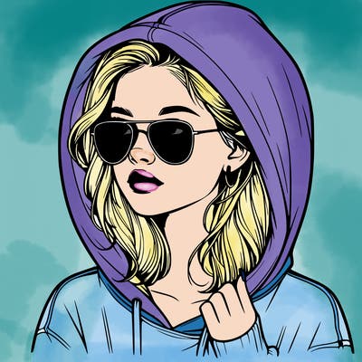realistic teenage girl, wearing a hoodie and sunglasses