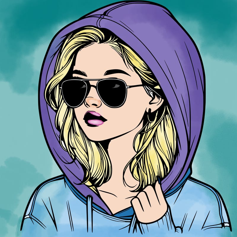 realistic teenage girl, wearing a hoodie and sunglasses