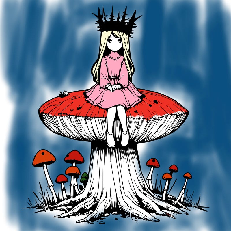 realistic girl sitting on a huge tree stump size toadstool with thorn crown