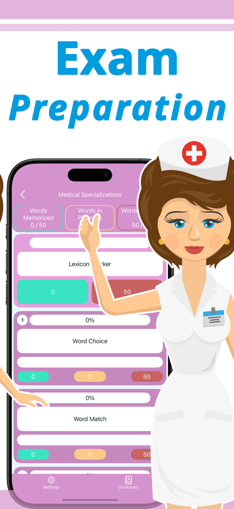 English for Nursing: Words - Una captura de pantalla de la aplicación English for Nursing que muestra vocabulario de especialización médica y rastreadores de progreso de preparación para exámenes.
