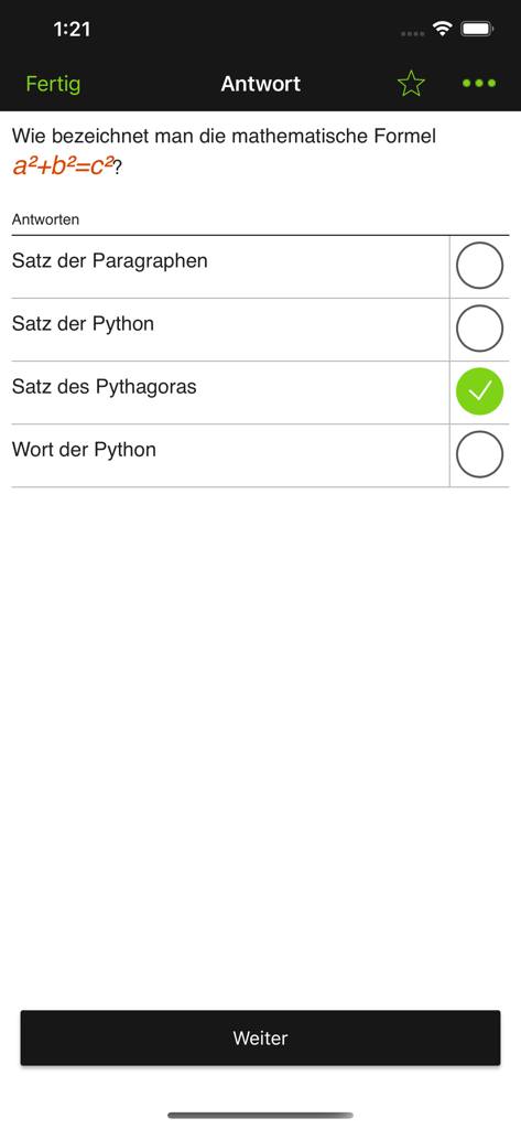 BRAINYOO Flash Cards Learning - Aplicativo BRAINYoo exibindo um flashcard de matemática de múltipla escolha com uma resposta correta selecionada