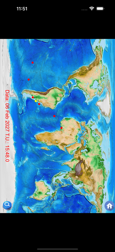 Total Solar Eclipses - World map display with red and yellow markers showing the path of the lunar umbra for the February 2027 solar eclipse