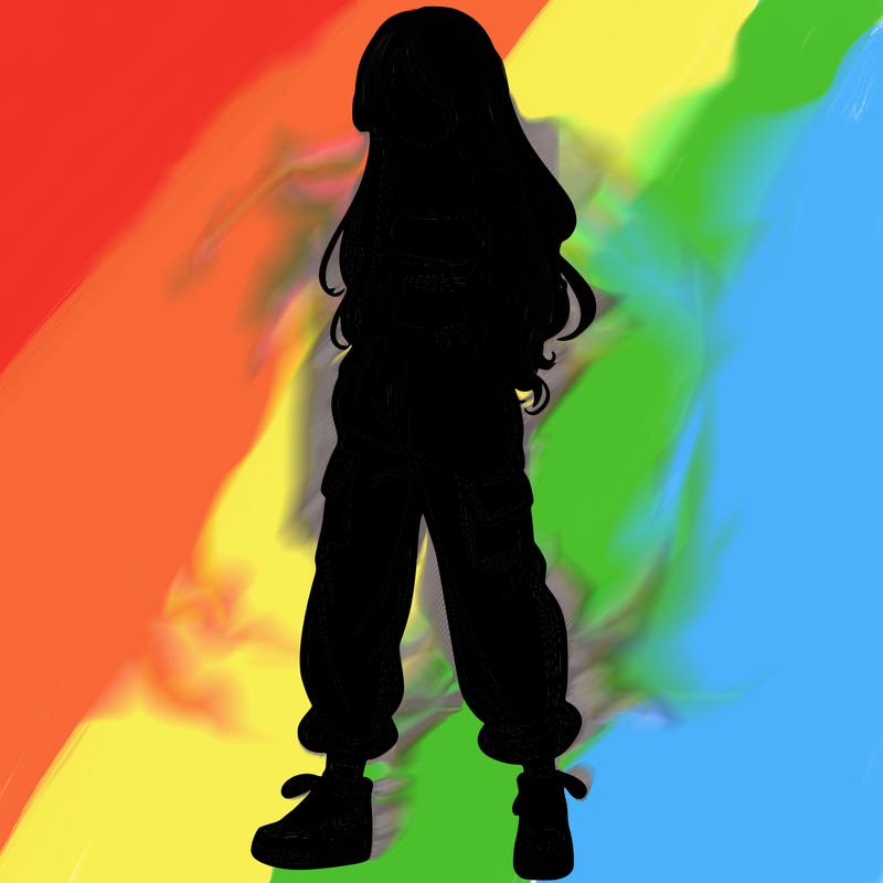 girl in baggy pants crop top and long hair