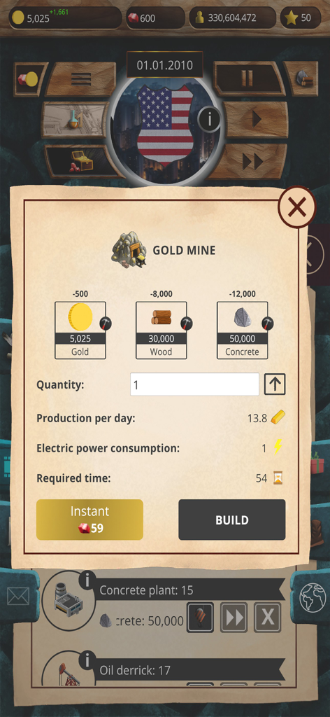 MA 1 – President Simulator - Economic management screen showing gold mine construction requirements in MA 1 President Simulator