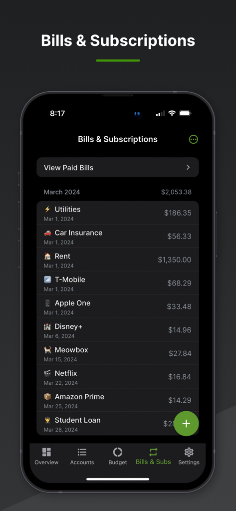 Balance Pro: Money & Budget - Balance Pro app interface displaying monthly bills and subscription management on an iPhone