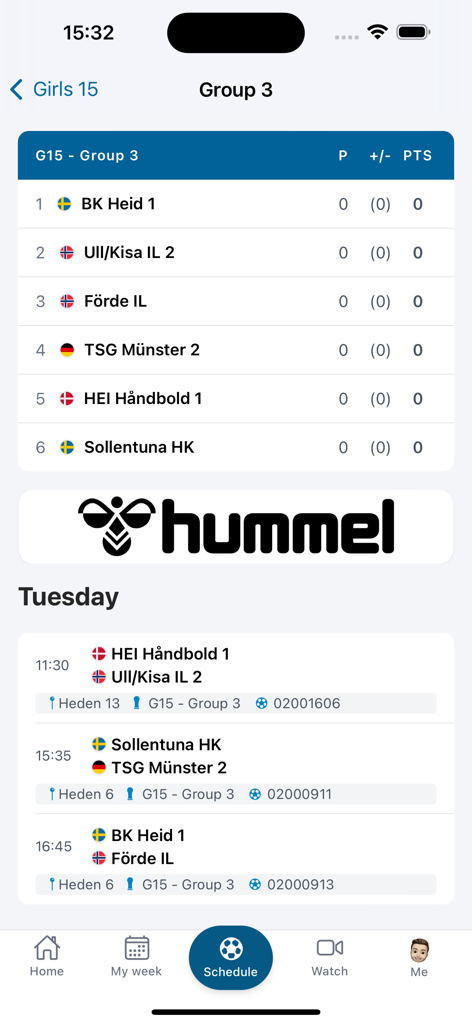 Partille Cup - Interface of the Partille Cup app displaying tournament group rankings and the Tuesday game schedule with field locations.