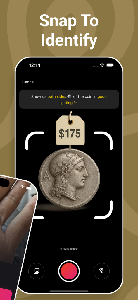 Coin Identifier: Value Check - Mobile app screen showing the snap to identify feature with a camera scanning an ancient coin valued at 175 dollars