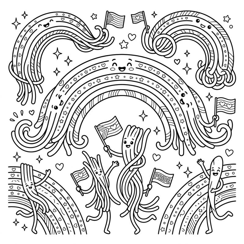 Get ready for a joyful coloring adventure featuring playful spaghetti characters celebrating Pride Month! This charming page invites kids to bring vibrant colors to fun pasta rainbows and heartwarming symbols.