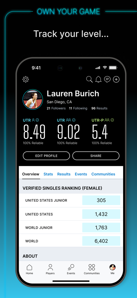 UTR Sports - Un profilo giocatore sull'app UTR Sports che mostra rating di abilità di tennis e pickleball e classifiche individuali verificate.
