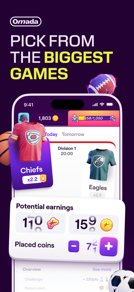 Omada - Make Sport Social - Interfaz de la app Omada que muestra opciones de predicción de deportes para juegos importantes con apuestas de monedas virtuales