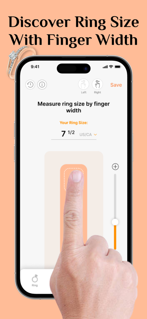 Ring Sizer - Measure Ring Size - iPhone screen showing a finger placed on a measurement tool to find a ring size of seven and a half in US and Canadian standards.