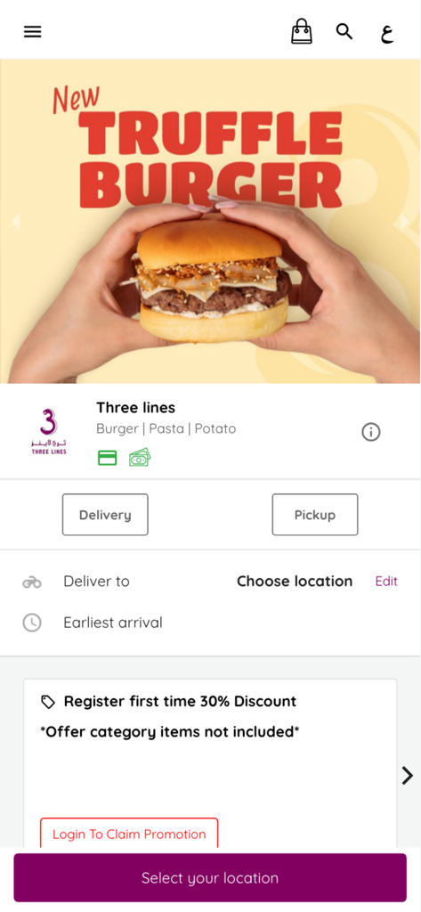3lines restaurant - Home screen of the 3lines restaurant mobile app featuring a truffle burger promotion and delivery options.