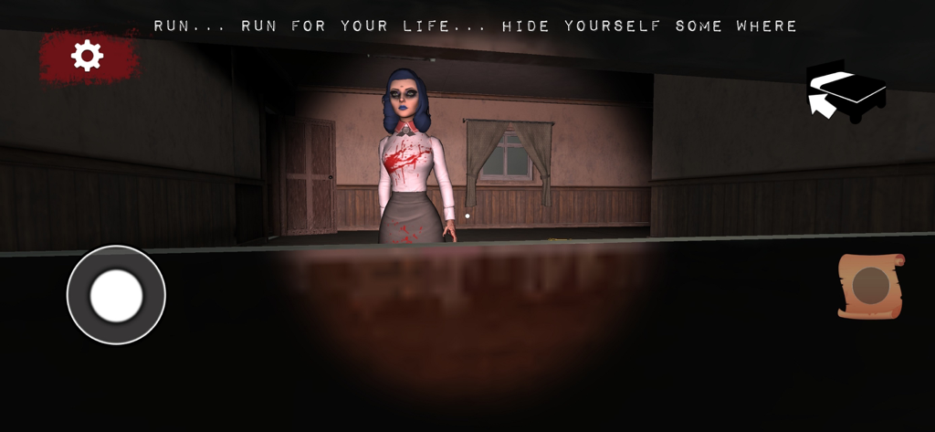 Evil Lady Escape: Horror Game - Gameplay screenshot of Evil Lady Escape showing a blood-stained character in a dark room with instructions to run and hide.