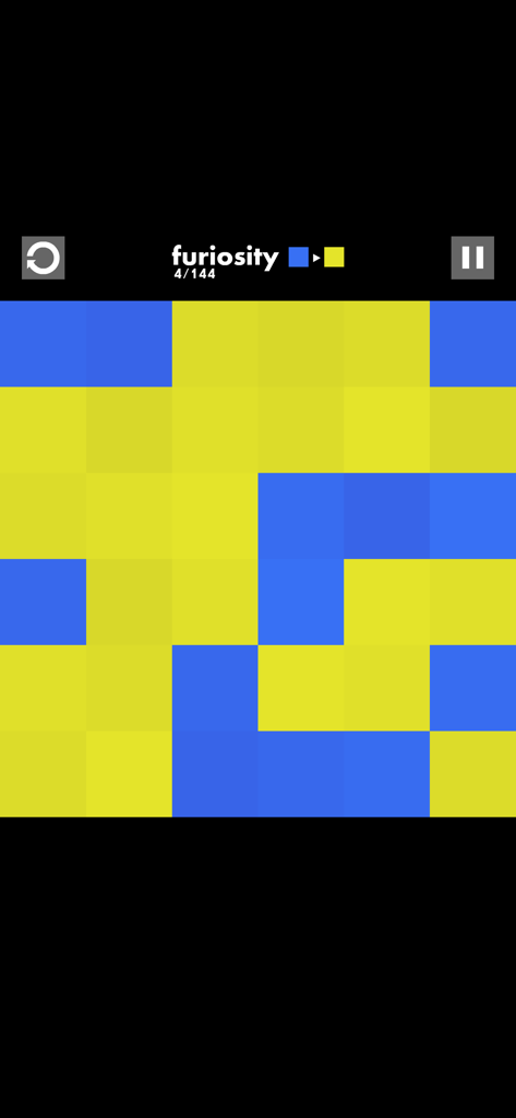 Minimalist logic puzzle gameplay from Furiosity showing a grid of blue and yellow squares on level four