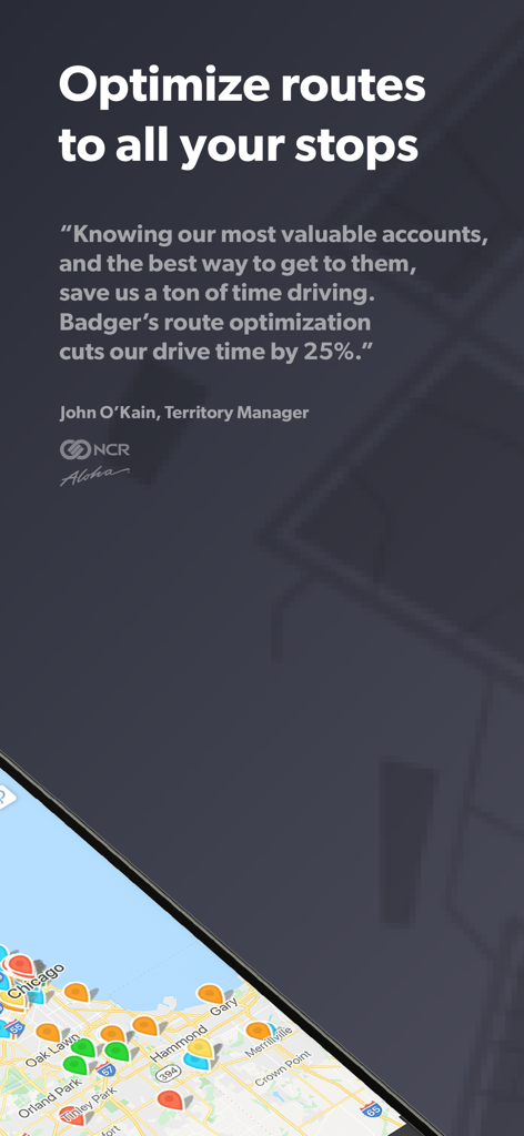 Badger Maps: #1 Route Planner - Badger Maps App-Oberfläche mit einem Erfahrungsbericht zur Routenoptimierung und einer Karte mit Markierungen für Kundenkonten.