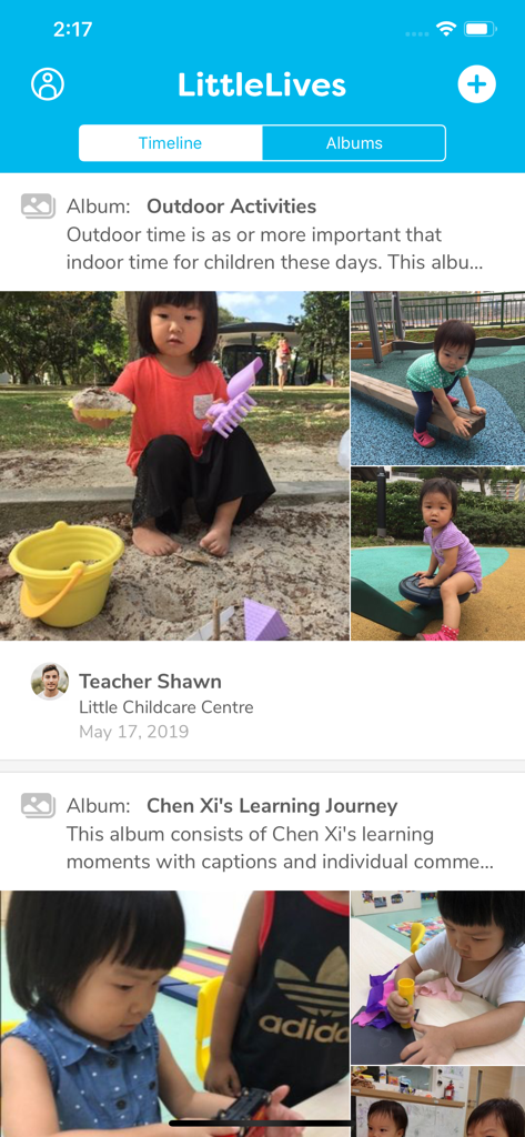 Línea de tiempo de la aplicación LittleLives que muestra publicaciones de maestros de actividades de aprendizaje al aire libre y en el aula de los niños