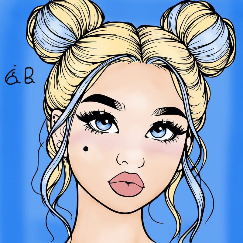 realistic girl with two buns on her hair and lips