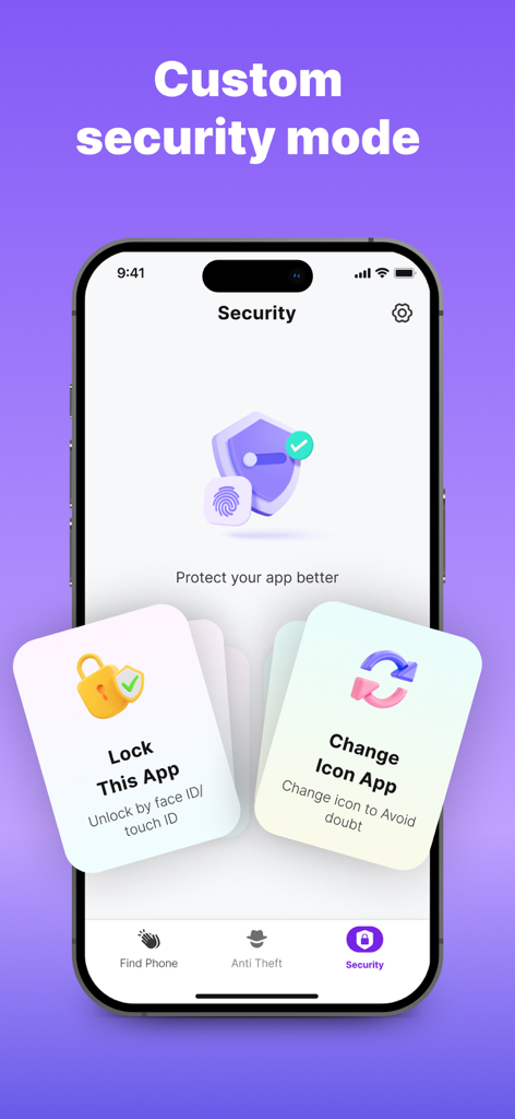ClapRing app custom security mode showing app lock and icon change options