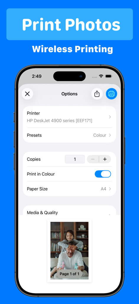 Optionen für drahtlosen Fotodruck auf der Benutzeroberfläche der Smart Printer App, die Druckereinstellungen und eine Fotovorschau anzeigen