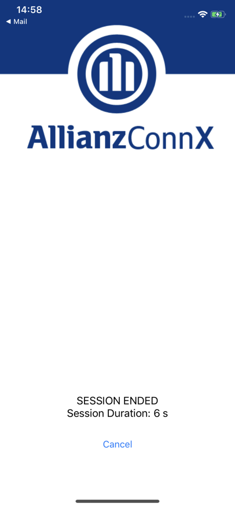 AllianzConnX - AllianzConnXモバイルアプリのスクリーンショット。アリアンツのロゴとセッション時間が表示されたセッション終了画面を示しています。
