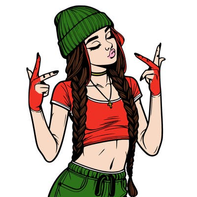realistic teenage girl with braids and a beanie and crop top doing 🫶🏼