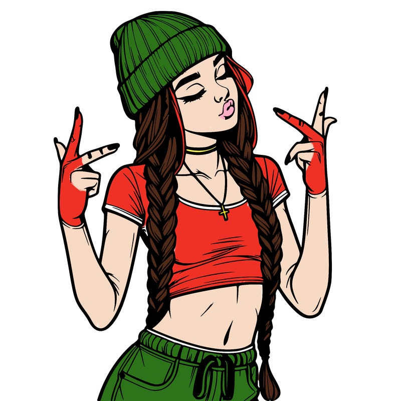 realistic teenage girl with braids and a beanie and crop top doing 🫶🏼