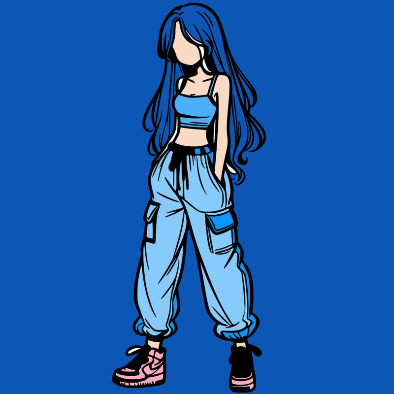 girl in baggy pants crop top and long hair