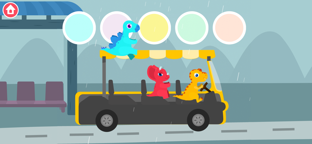 Trois dinosaures colorés dans un bus jaune à un arrêt de bus pluvieux.