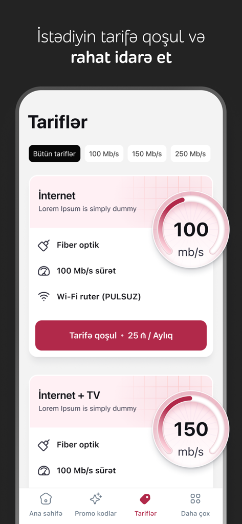 CityNet - Pantalla de la aplicación móvil CityNet mostrando los planes de tarifas de Internet y TV disponibles con opciones para velocidades de 100 Mbps y 150 Mbps.