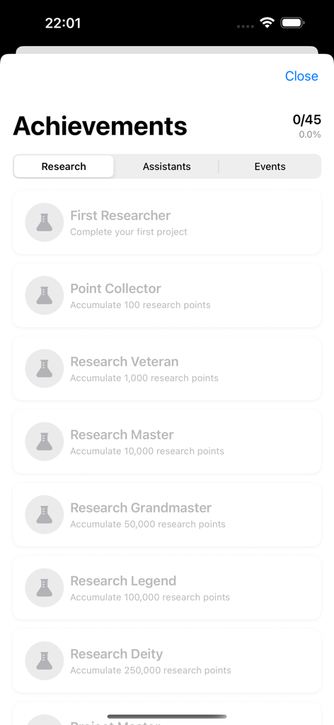 Achievements screen for the Lab Gone Wrong simulation game