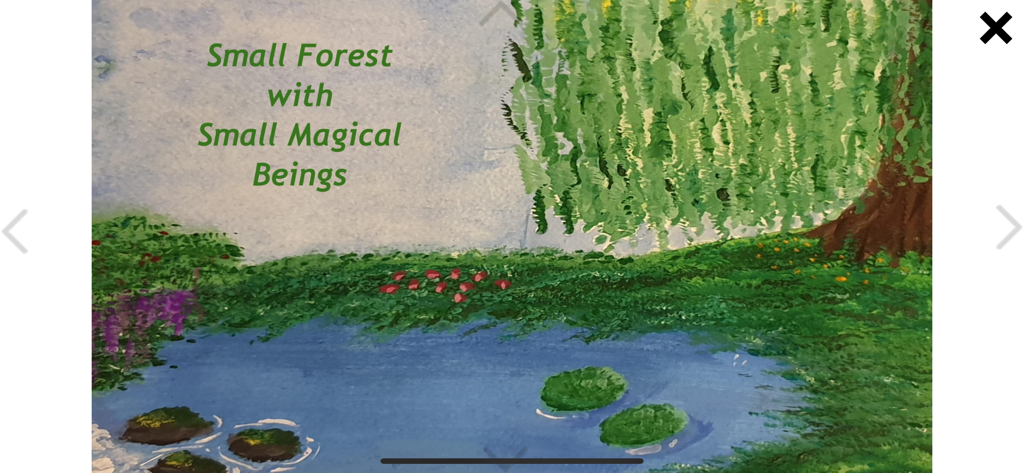 A painted forest scene from an interactive digital story showing a pond and willow tree