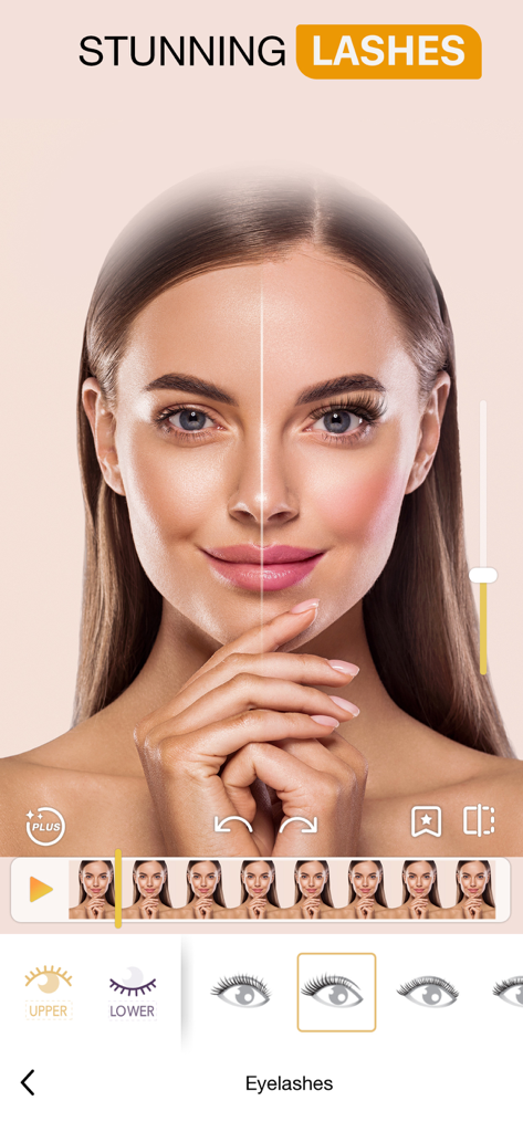 Perfect365 Video Makeup Editor - A before and after comparison of virtual eyelashes in a video editing interface