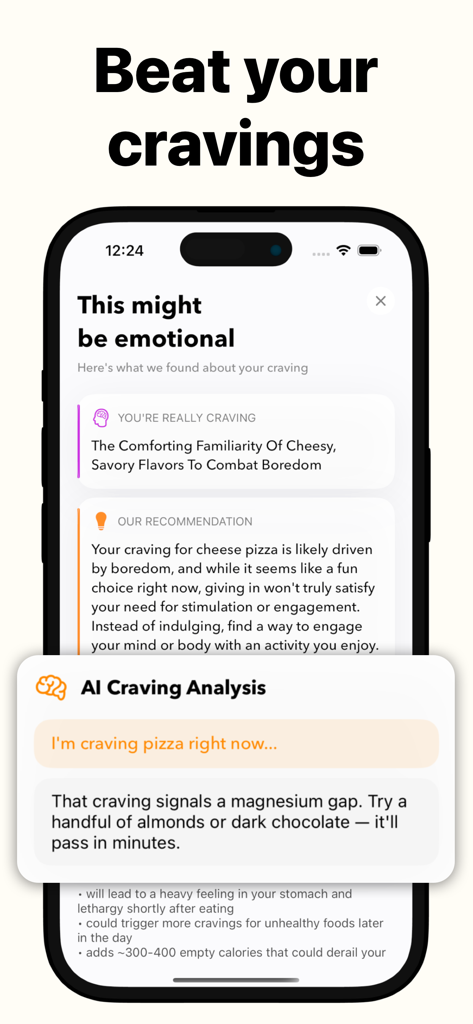 Photo Calorie: AI Food Scanner - Screenshot of the Photo Calorie app showing AI craving analysis and recommendations for healthier food alternatives to manage emotional eating.