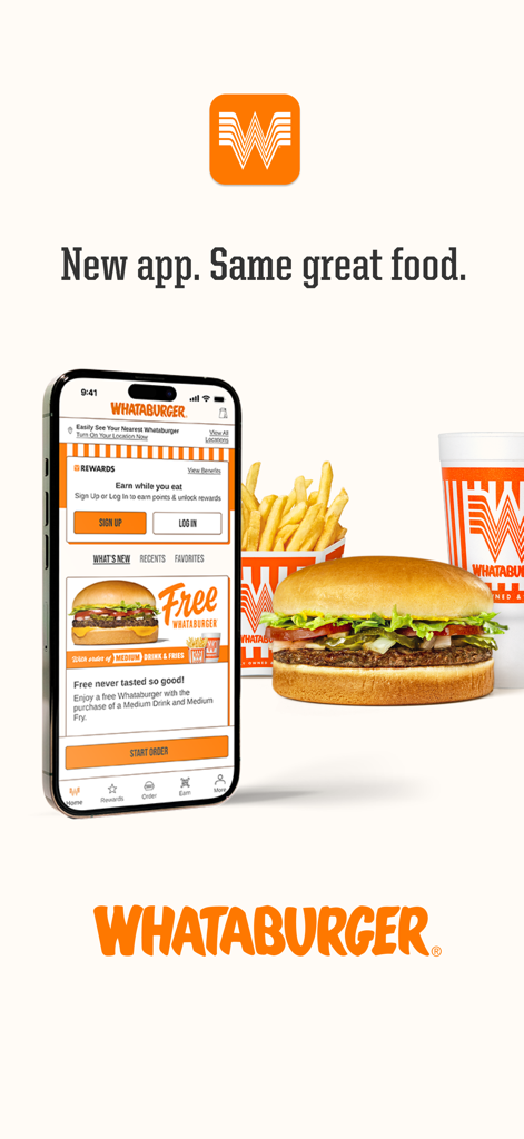 Whataburger app on a smartphone screen showing a free burger reward next to actual burger and fries