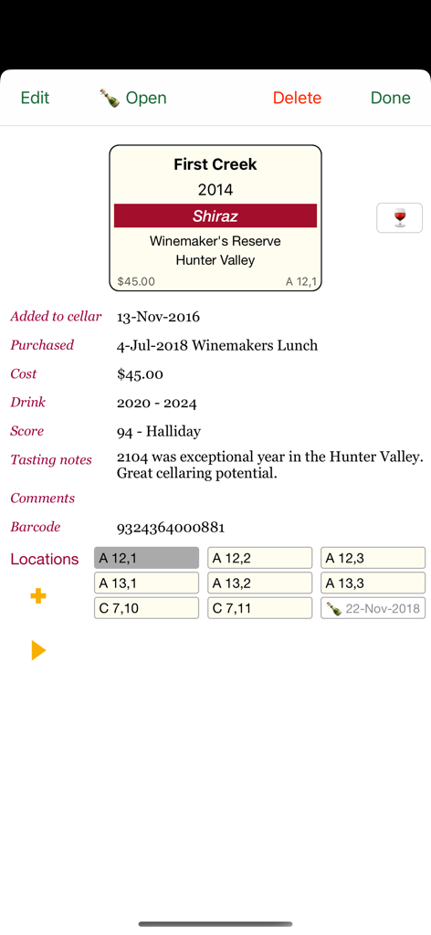 Detailed wine bottle entry in the Personal Wine Cellar Database app showing vintage info and rack locations