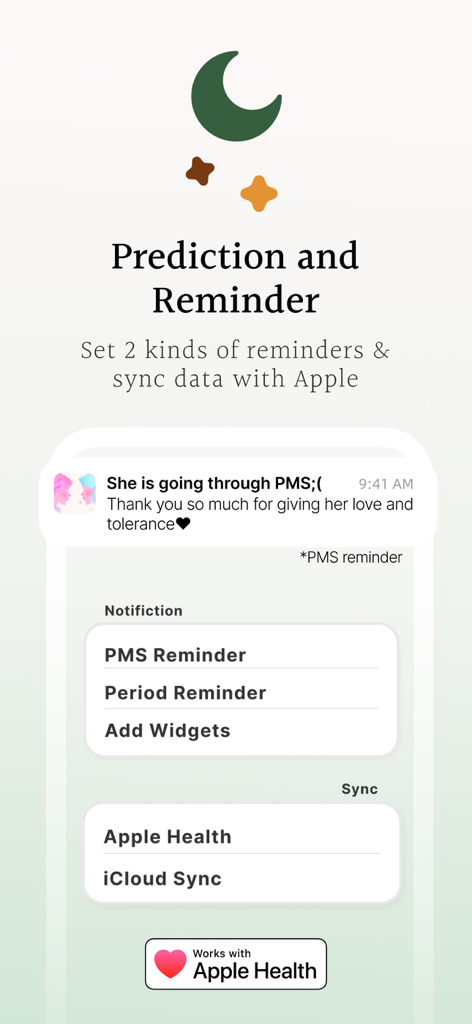 Hers - Period record - Hers月経トラッカーアプリのインターフェースで、周期予測リマインダーとApple Health統合設定が表示されています