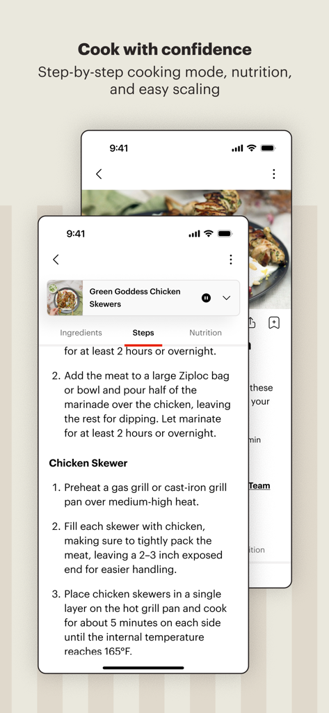 Captura de pantalla de la aplicación Tastemade Cooking que muestra instrucciones de recetas paso a paso.