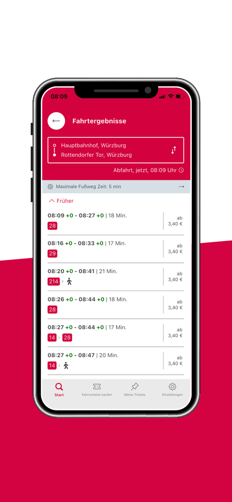 WVVmobil - WVVmobil App-Bildschirm mit Ergebnissen für öffentliche Nahverkehrsverbindungen vom Würzburger Hauptbahnhof zum Rottendorfer Tor.