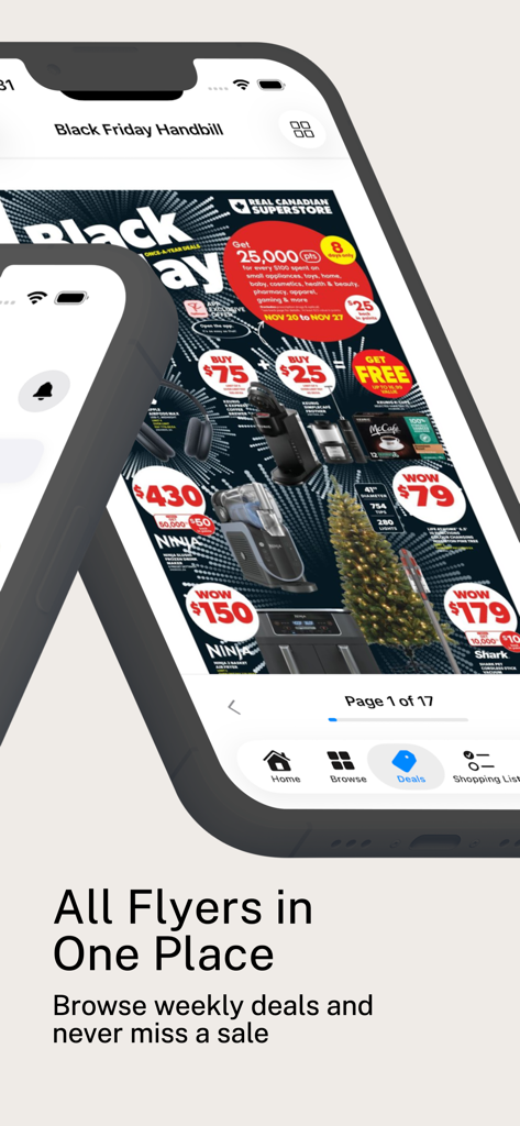 Real Canadian Superstore Deals - Real Canadian Superstore의 홀리데이 딜이 있는 디지털 전단지를 보여주는 모바일 앱 인터페이스.