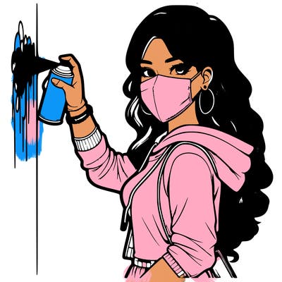 realistic girl with mask spray painting a wall