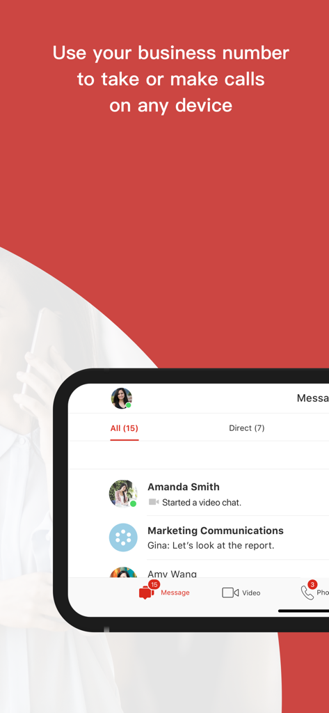 Avaya Cloud Office - Avaya Cloud Office app interface for business calls and team messaging on a smartphone
