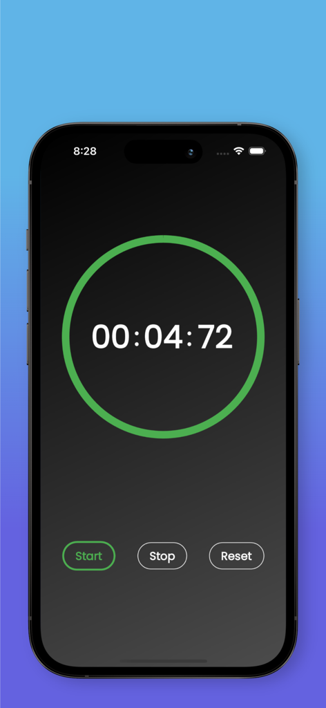 Interfaccia minimalista del cronometro con timer a cerchio verde e pulsanti start stop reset
