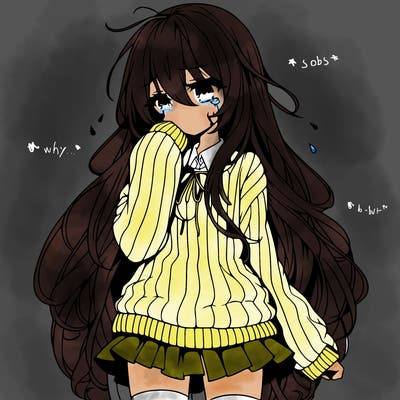 anime girl with long hair and sweater with a skirt crying