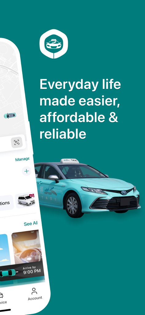 Karwa Official app promotional screen featuring a Qatar taxi and mobile booking interface