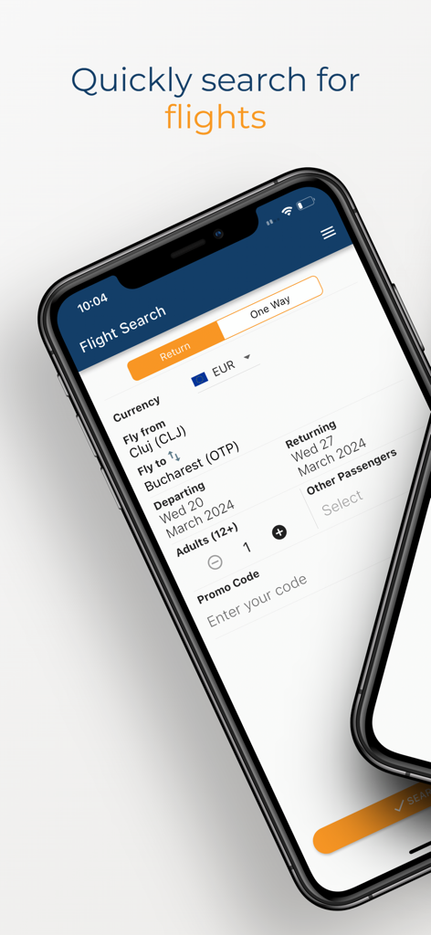 HiSky - HiSky Mobile-App-Flugsuche-Oberfläche mit Buchungsoptionen für Cluj nach Bukarest