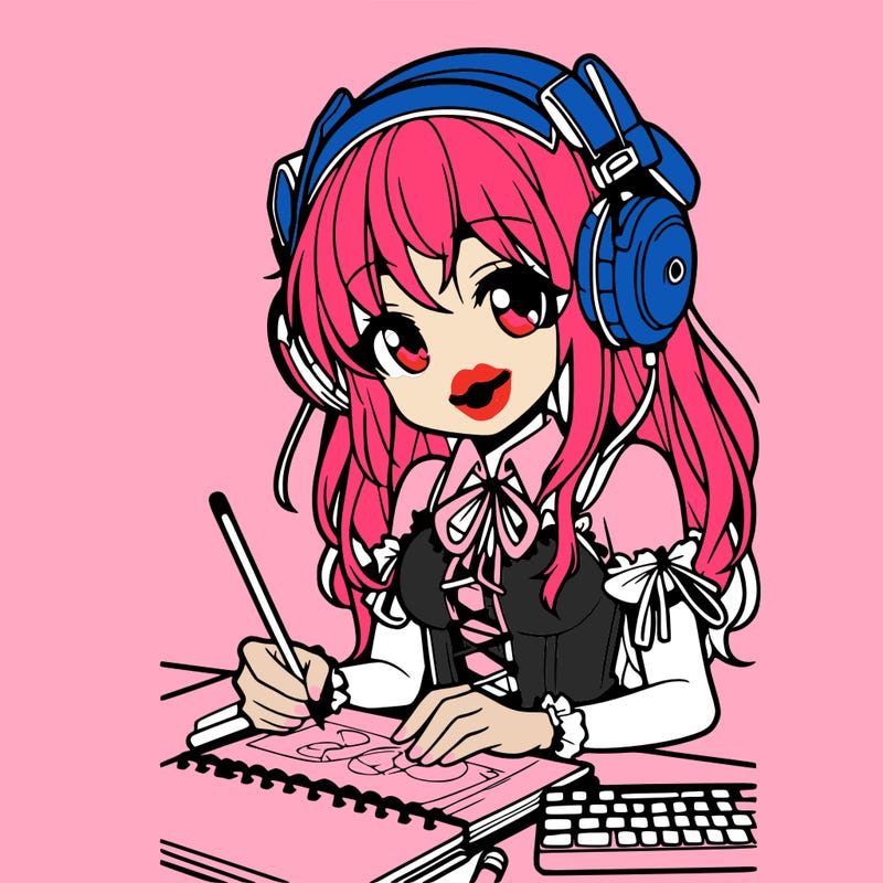 manga girl wearing headphones and drawing in sketchbook